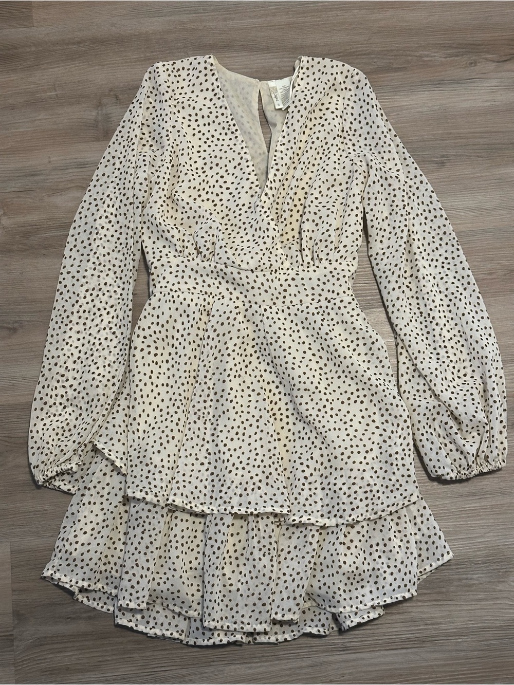 Women's Cream Polka Dot Long-Sleeve Tiered Dress